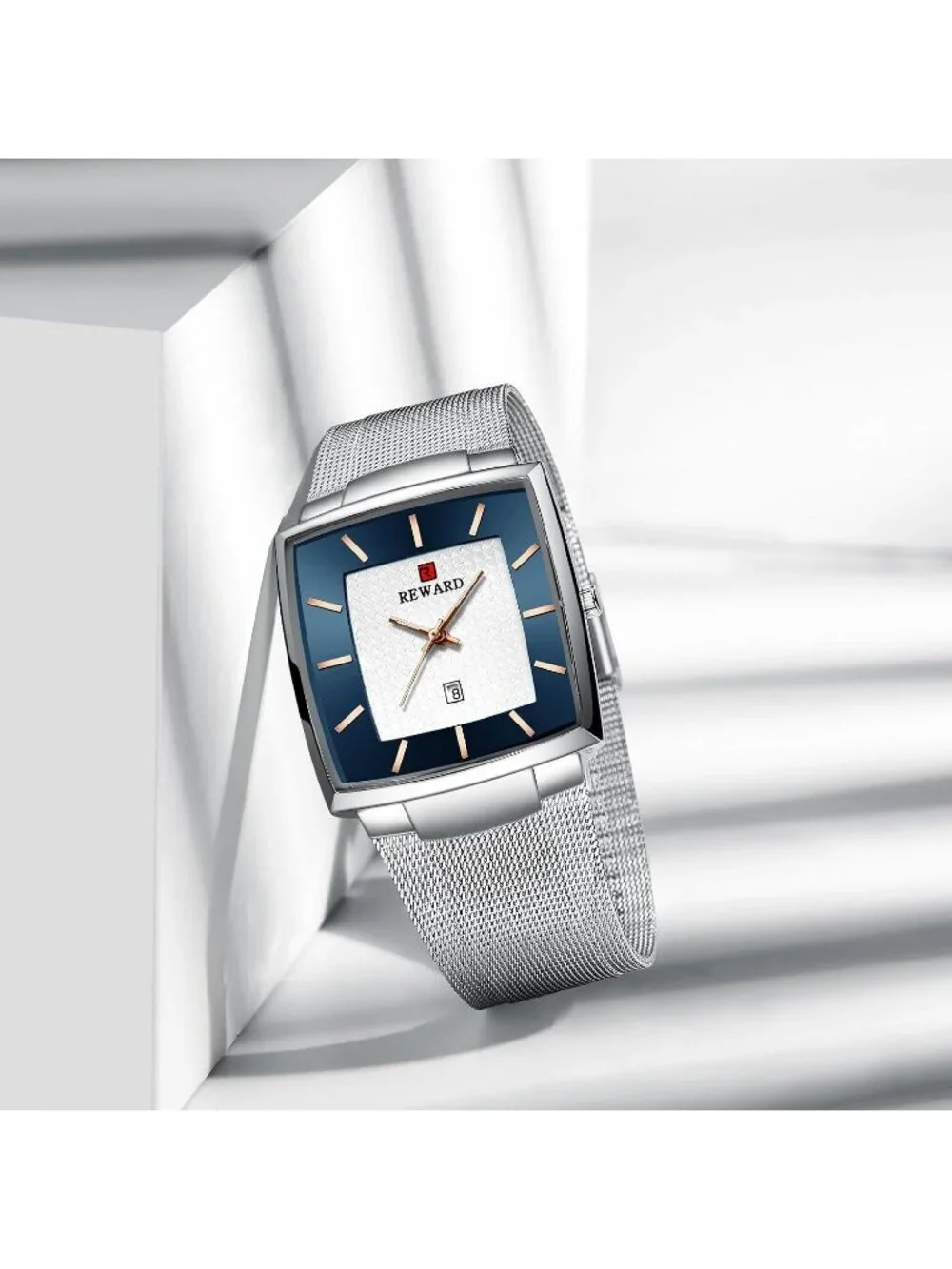Men's Silver Gold Square Analog Quartz Stainless Steel Mesh Strap Wrist Watch